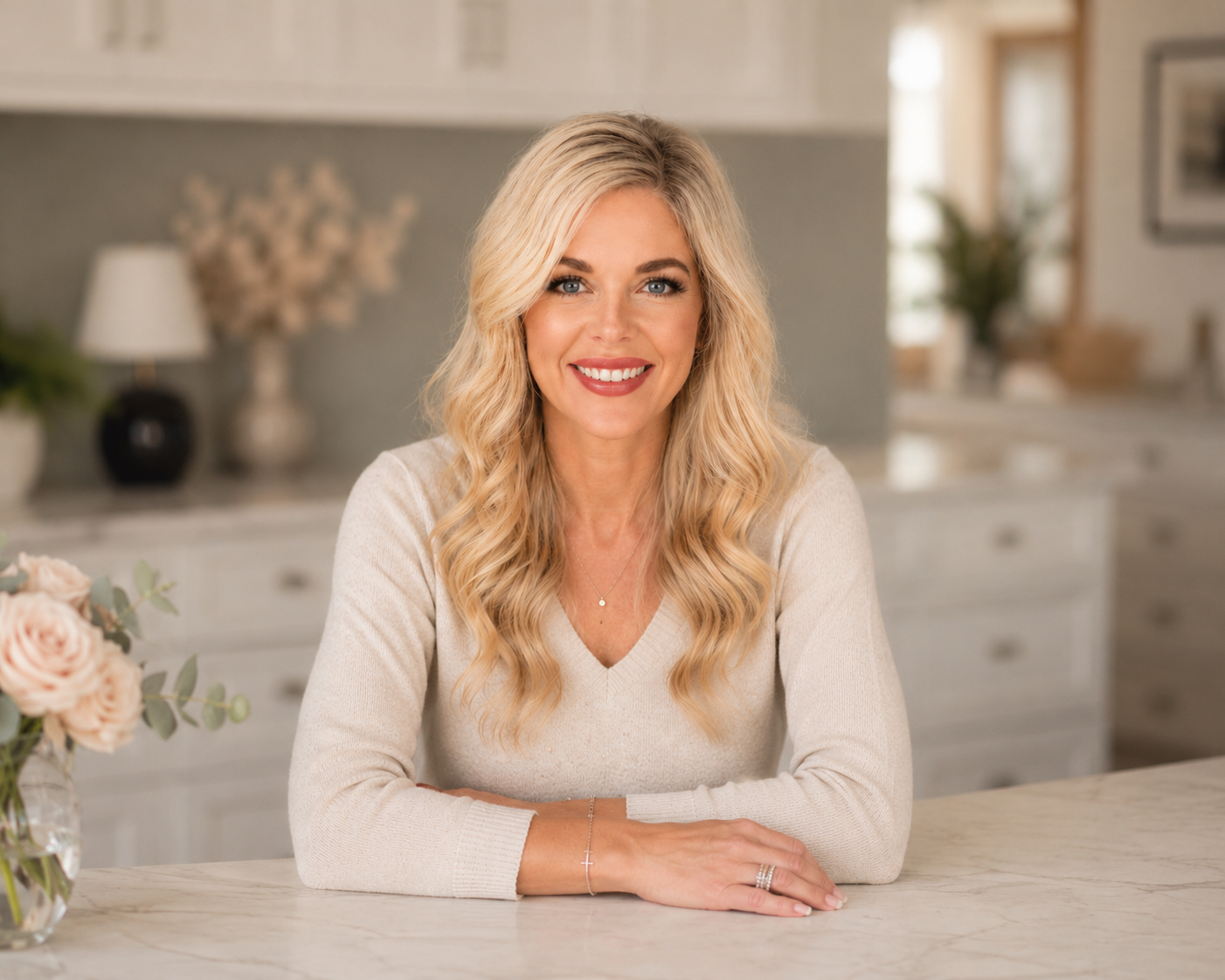 Julie Marvel smiling at a kitchen counter in a warm, bright home